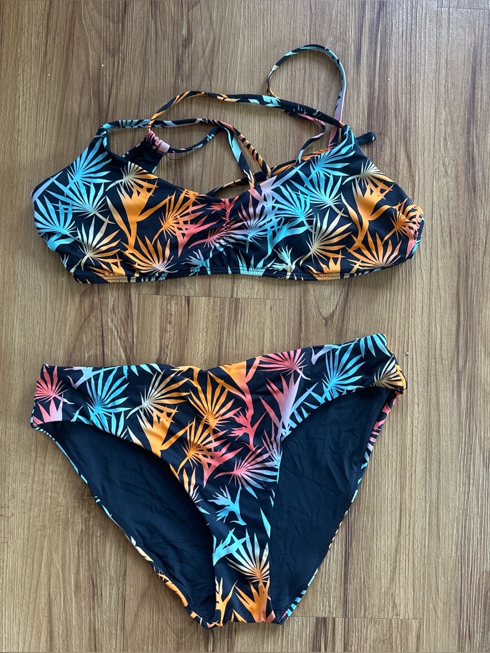 MEUNDIES SWIM- Tropical Palm Print Bikini Set in Black with Orange & Teal